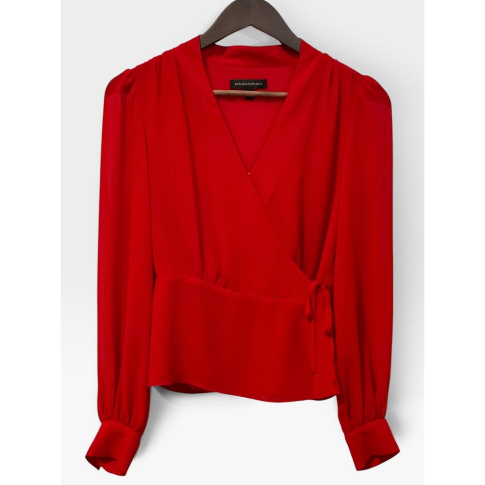 Banana Republic Wrap Blouse | V-Neck Top | XS | Red | Puff Sleeve Side Tie